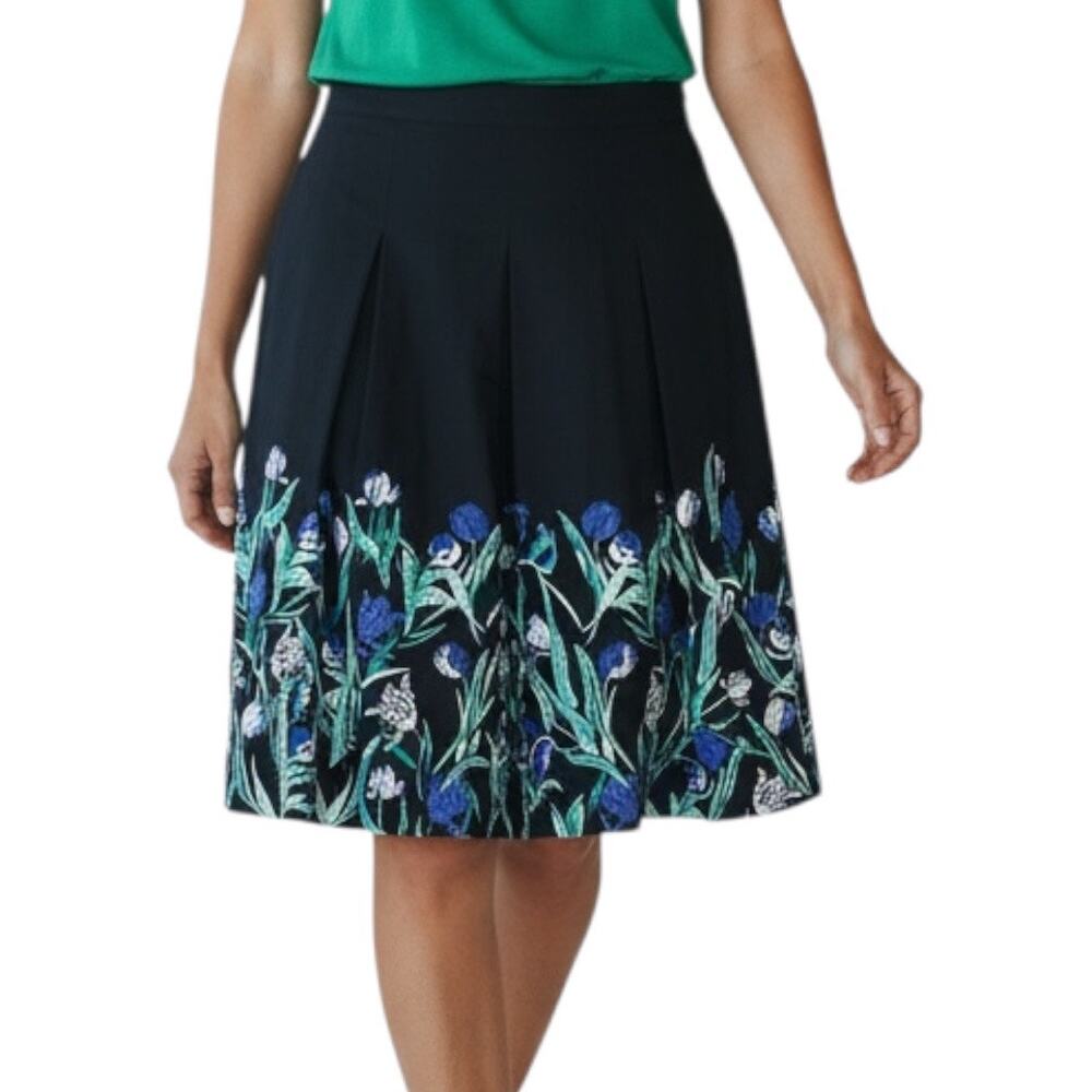 Charter Club Black Green Blue A-Line‎ Pleated Cotton Floral Skirt Size 8 Spring